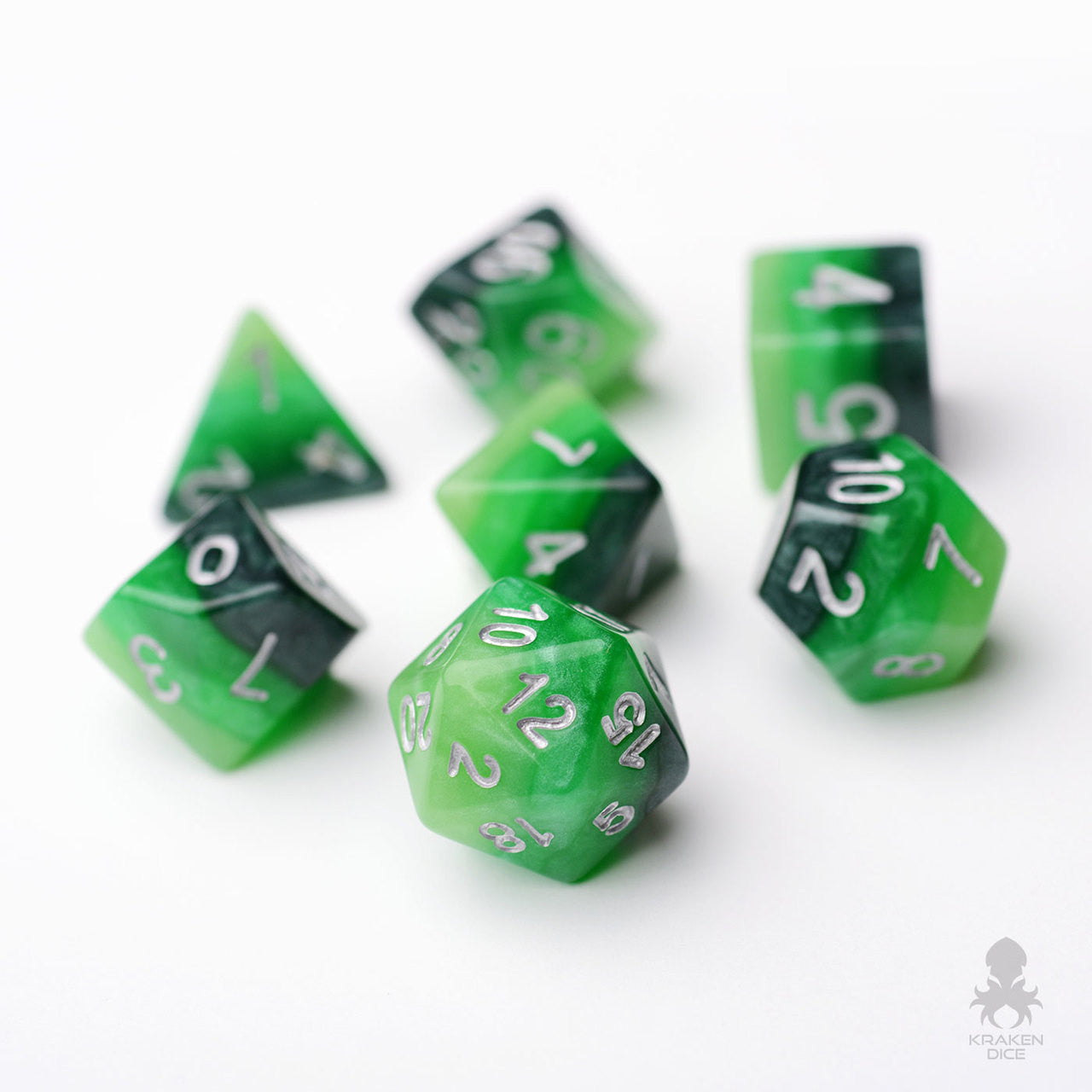 Green Ombre 7pc Dice Set Inked in Silver